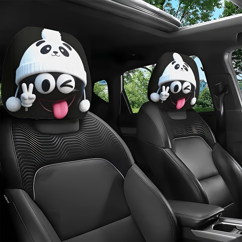Interior Design Emoji - 1/2個入り 車用ヘッドレストカバー、かわいい漫画のパンダの絵文字デザイン、車内装飾用