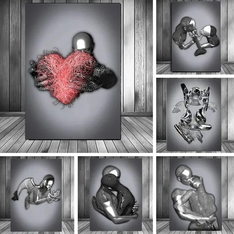 Interior Design Modern - 金属製フィギュア像アートキャンバス絵画ロマンチックな抽象ポスターとプリント壁の絵モダンなリビングルームの家の装飾なし