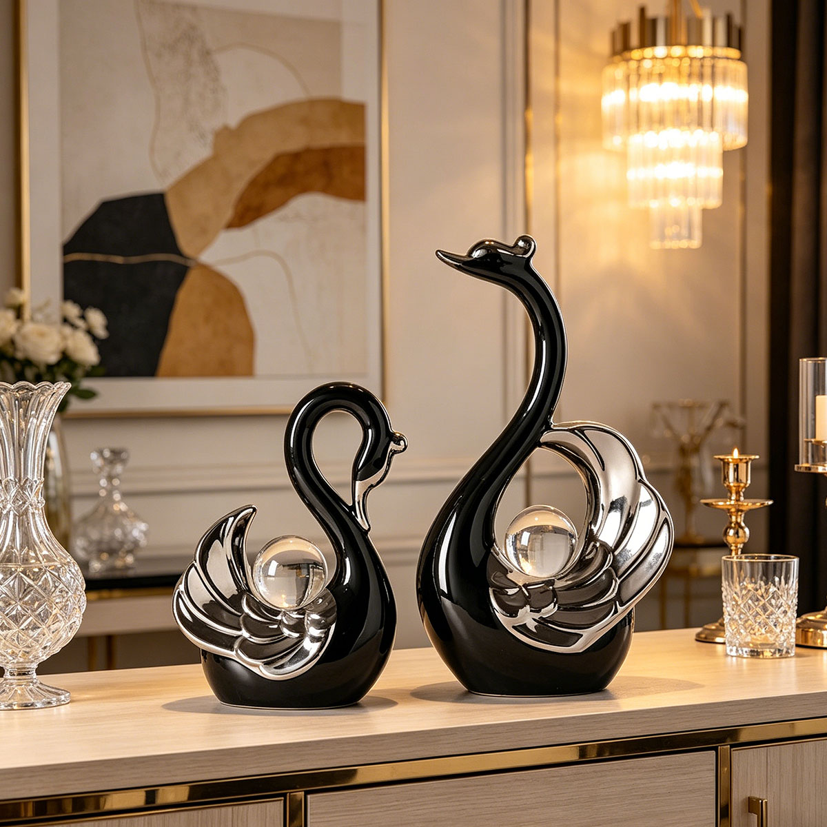 セラミック製の白鳥のカップルオーナメント、クリスタルボール付 - Interior Design Apartment のレビューと価格